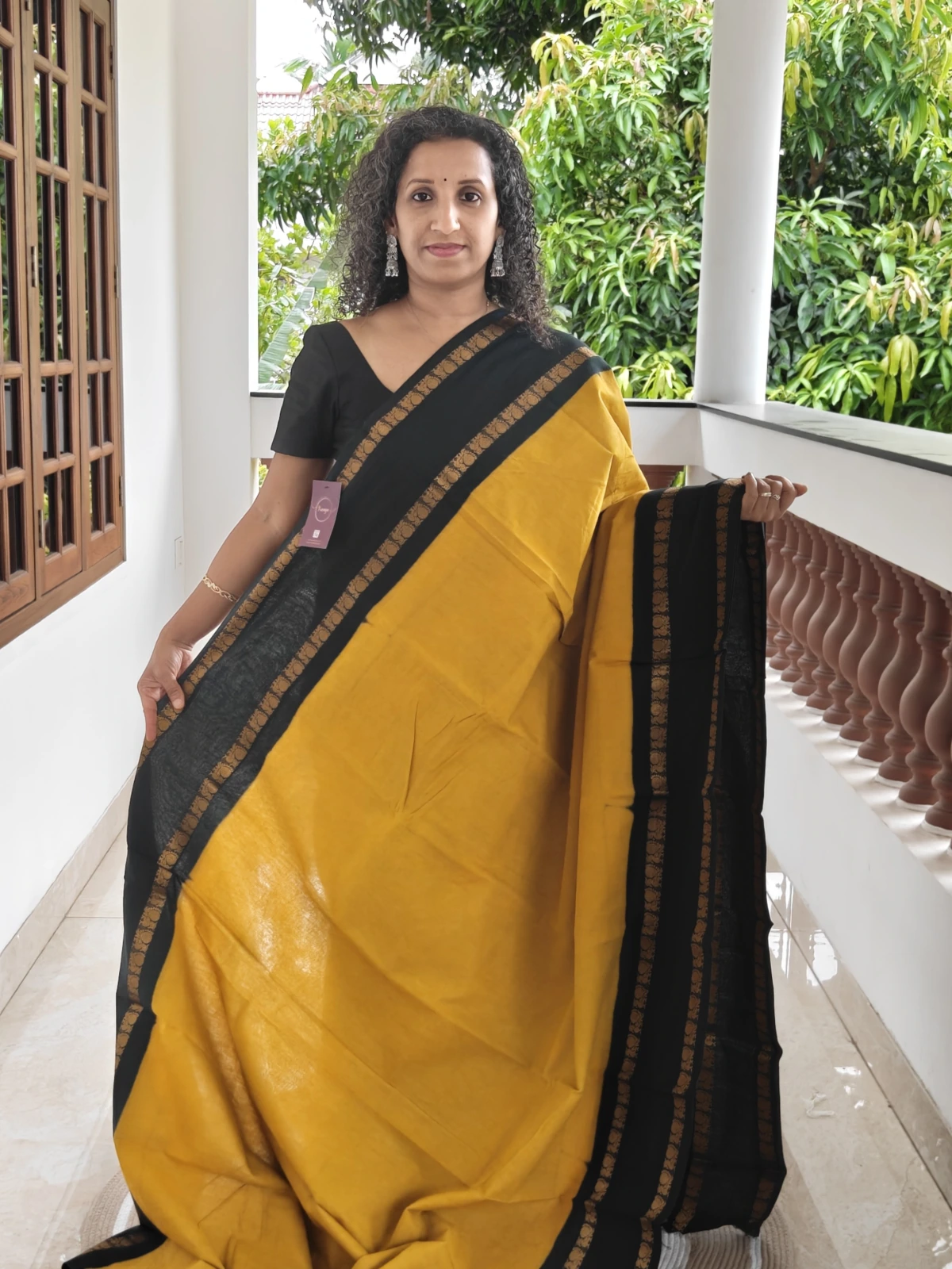 Sungudi Cotton Saree Mustard Yellow and Black Peacock Border